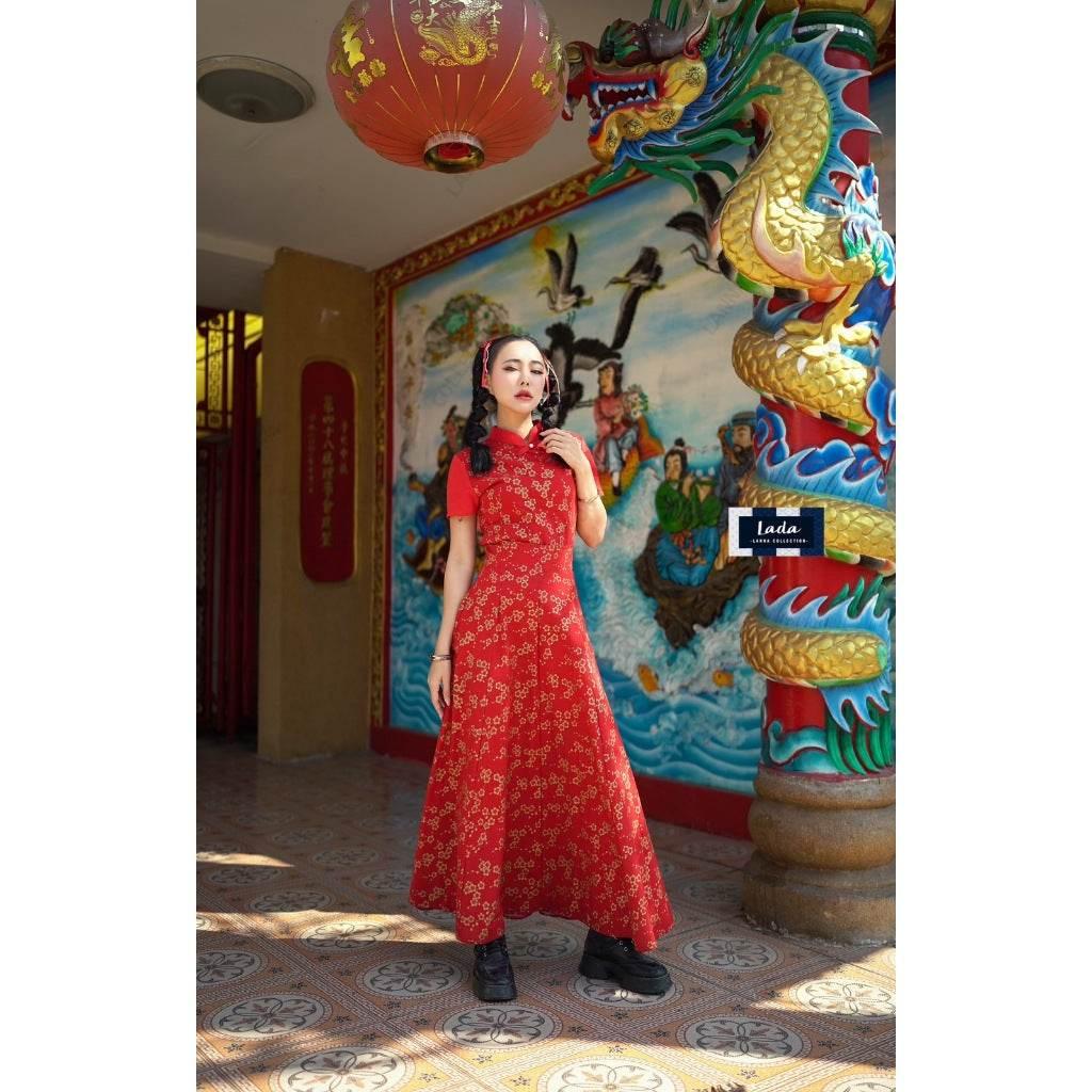 New Arrival 8-Piece Pleated Skirt Set with Mandarin Blouse | Cotton Peony Pattern for Lunar New Year & Special Events