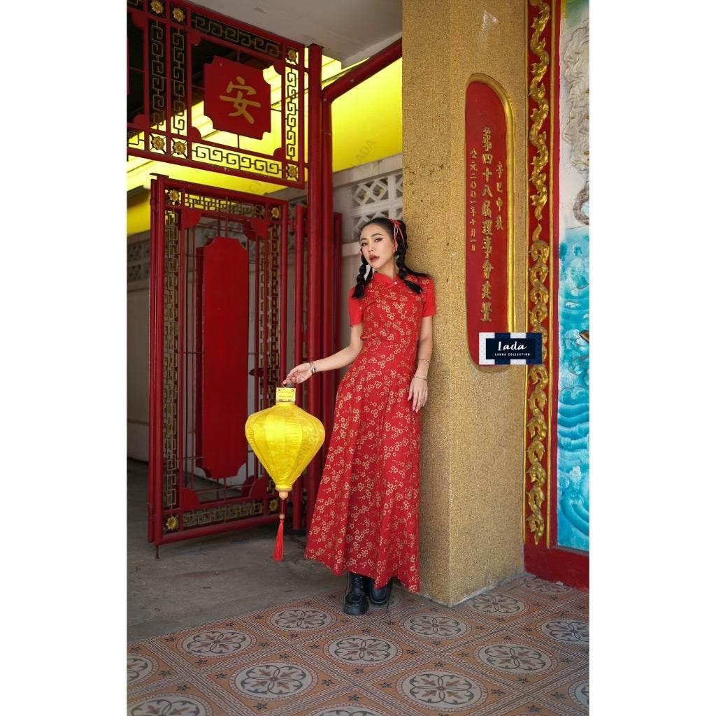 New Arrival 8-Piece Pleated Skirt Set with Mandarin Blouse | Cotton Peony Pattern for Lunar New Year & Special Events