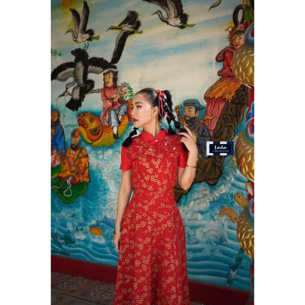 New Arrival 8-Piece Pleated Skirt Set with Mandarin Blouse | Cotton Peony Pattern for Lunar New Year & Special Events