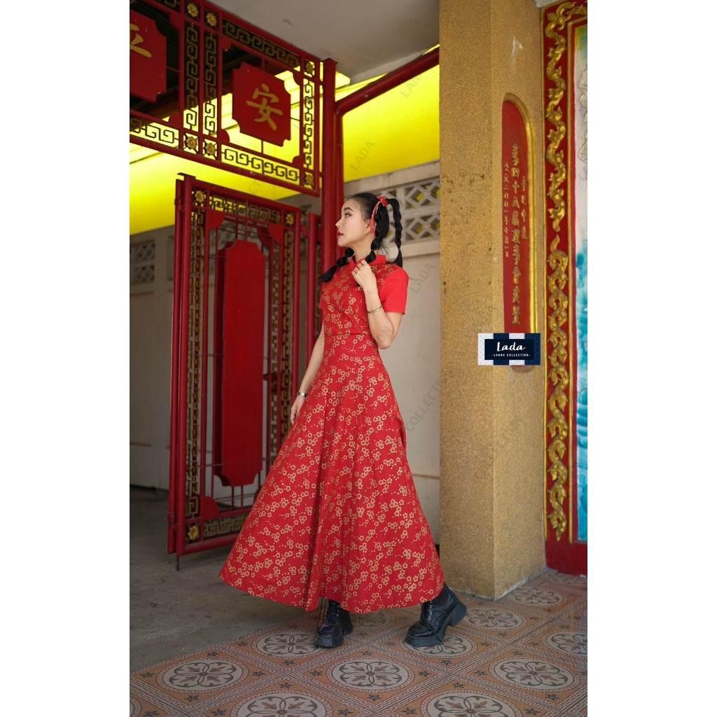 New Arrival 8-Piece Pleated Skirt Set with Mandarin Blouse | Cotton Peony Pattern for Lunar New Year & Special Events M