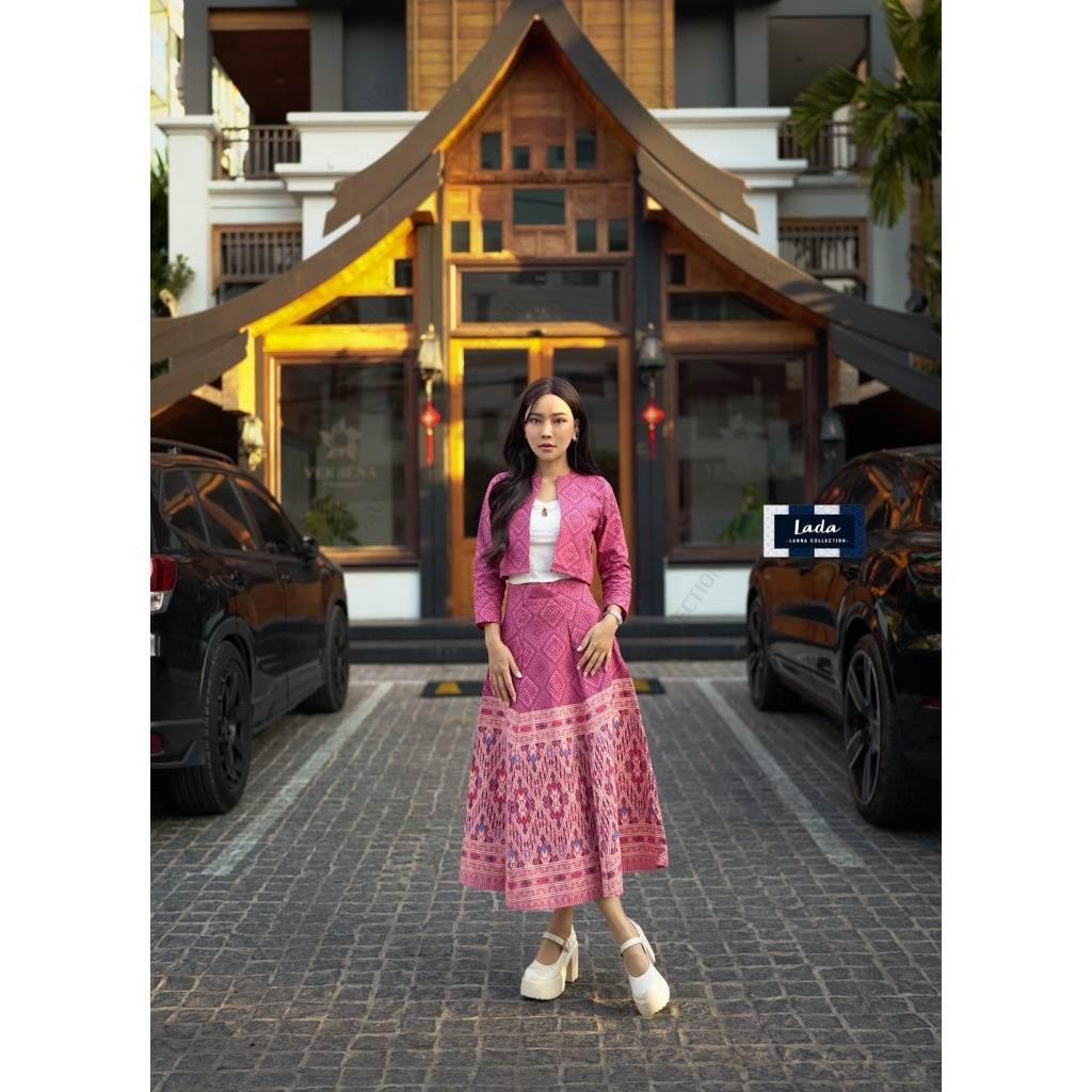 New Arrival Cotton Wrap Blouse and Skirt Set with Khit Print - Traditional Lanna Style Available in 2 Colors
