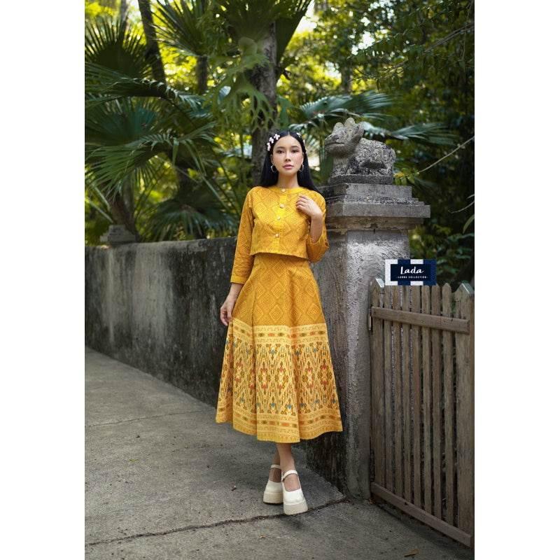 New Arrival Cropped Wrap Blouse and Skirt Set | 6-Piece Khit Print Cotton Outfit in 3 Colors เหลือง
