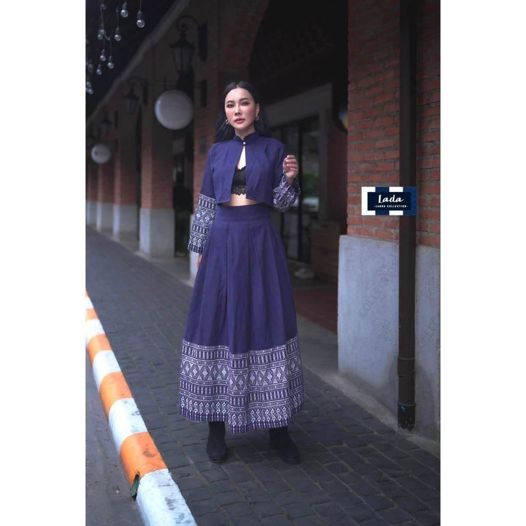 New Arrival Mandarin Collar Wrap Top Set and Pleated Skirt in Cotton with Khor Pattern for Modest Fashion Enthusiasts
