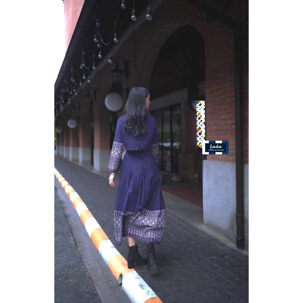 New Arrival Mandarin Collar Wrap Top Set and Pleated Skirt in Cotton with Khor Pattern for Modest Fashion Enthusiasts