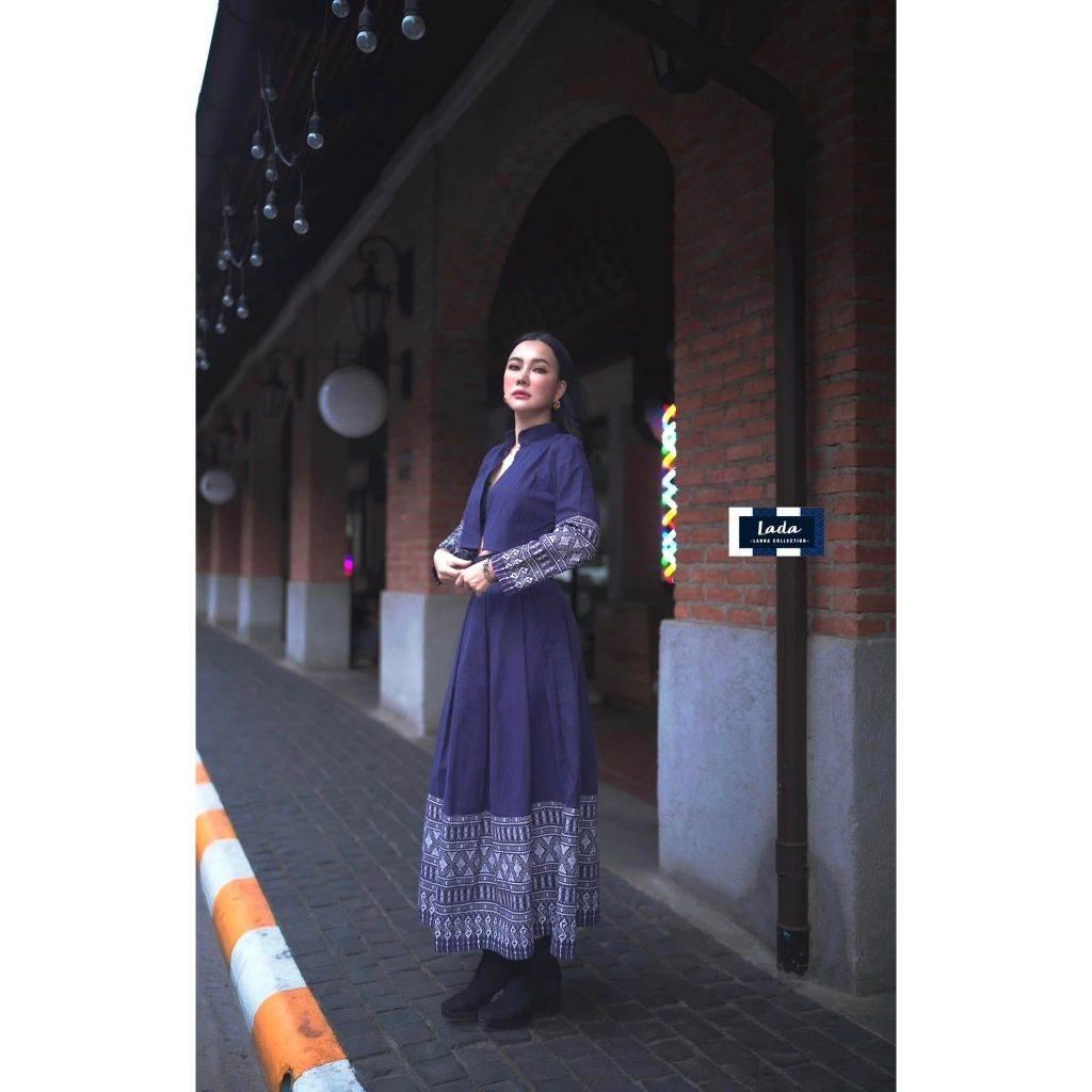 New Arrival Mandarin Collar Wrap Top Set and Pleated Skirt in Cotton with Khor Pattern for Modest Fashion Enthusiasts