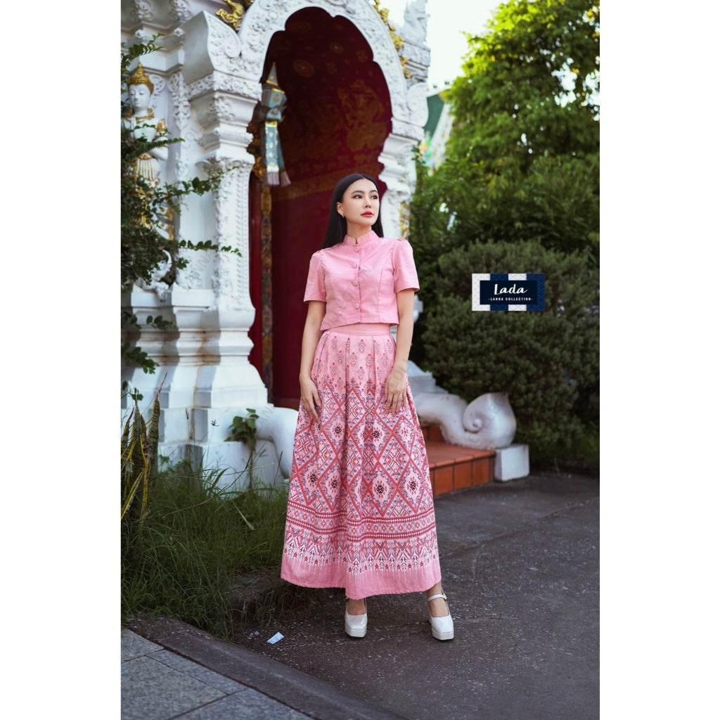 New Arrival Praewa Kasin Pattern Cotton Set with Long Sleeve Jitlada Tops & Short Sleeve Tops | Soft Pink Skirt with Shawl Option
