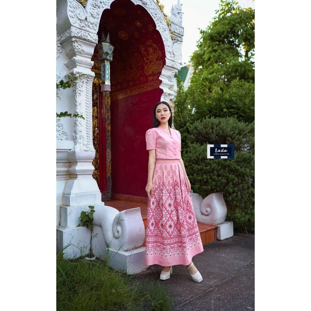 New Arrival Praewa Kasin Pattern Cotton Set with Long Sleeve Jitlada Tops & Short Sleeve Tops | Soft Pink Skirt with Shawl Option