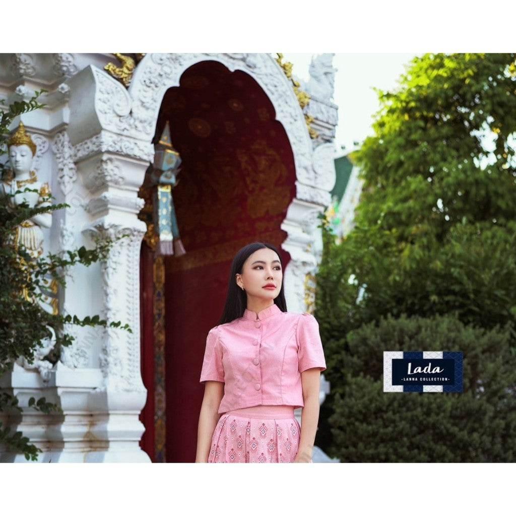 New Arrival Praewa Kasin Pattern Cotton Set with Long Sleeve Jitlada Tops & Short Sleeve Tops | Soft Pink Skirt with Shawl Option เสือจิตลราแขนสั้น