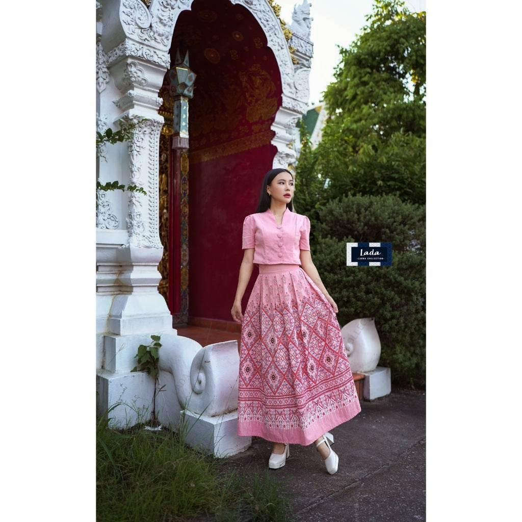 New Arrival Praewa Kasin Pattern Cotton Set with Long Sleeve Jitlada Tops & Short Sleeve Tops | Soft Pink Skirt with Shawl Option