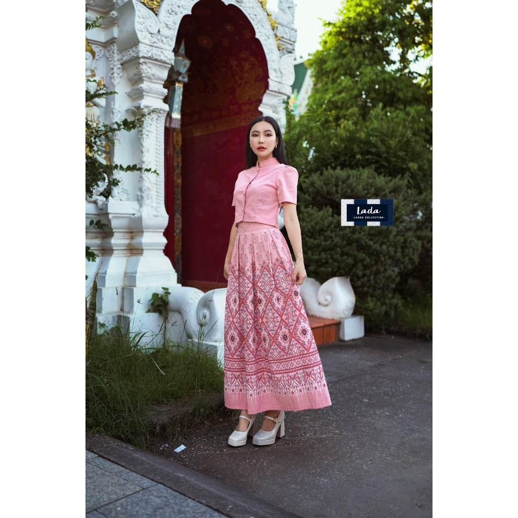 New Arrival Praewa Kasin Pattern Cotton Set with Long Sleeve Jitlada Tops & Short Sleeve Tops | Soft Pink Skirt with Shawl Option