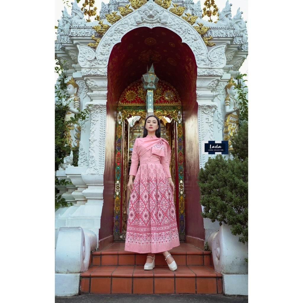 New Arrival Praewa Kasin Pattern Cotton Set with Long Sleeve Jitlada Tops & Short Sleeve Tops | Soft Pink Skirt with Shawl Option