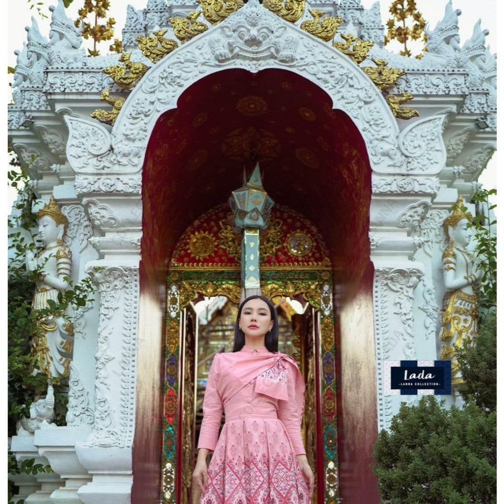 New Arrival Praewa Kasin Pattern Cotton Set with Long Sleeve Jitlada Tops & Short Sleeve Tops | Soft Pink Skirt with Shawl Option เสื้อจิตรลดาแขนยาว