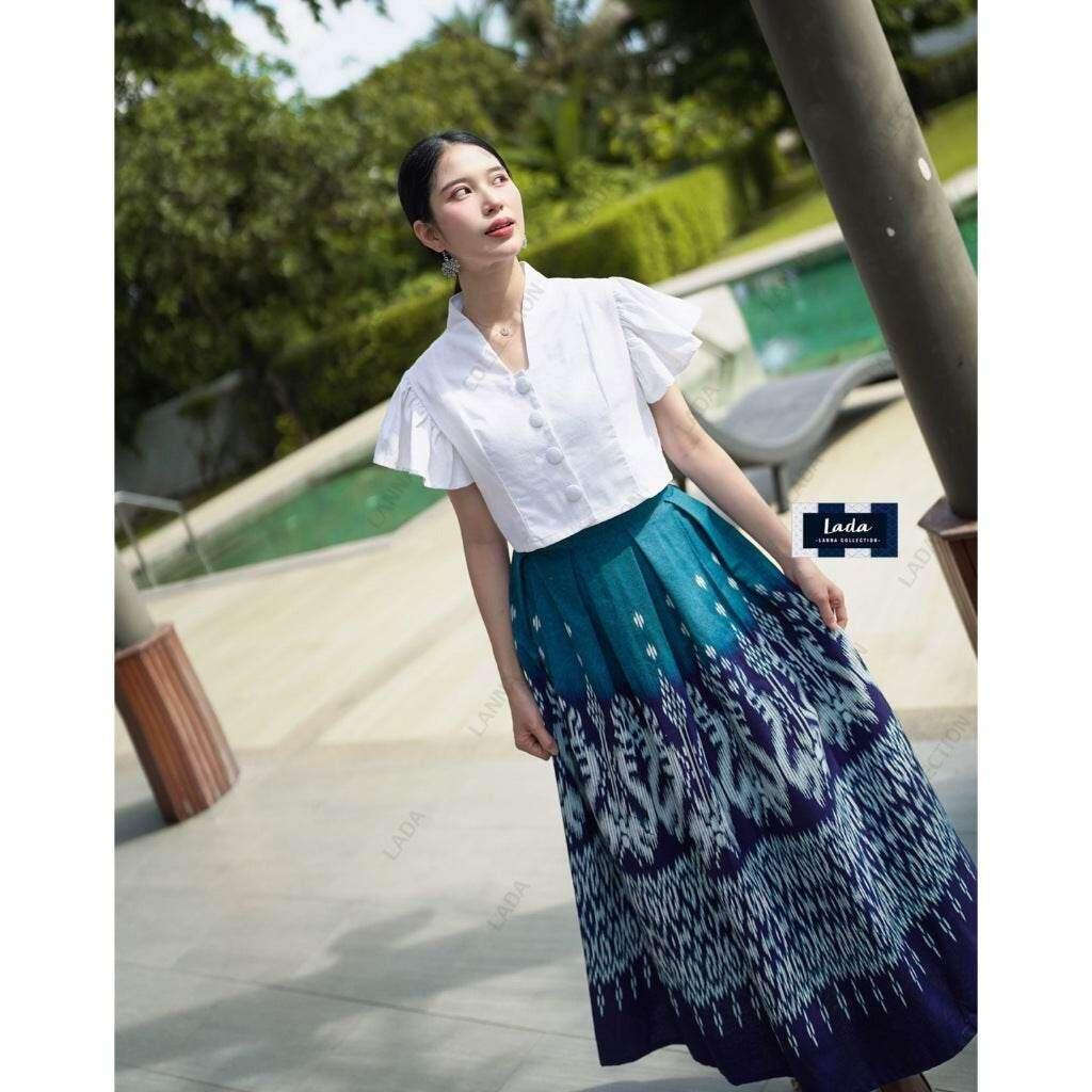 New Arrival Twin Naga Print Cotton Blouse Set - High Waist Pleated Design with Thai Folklore คอปีนแขนสั้นฟ้าทะเล