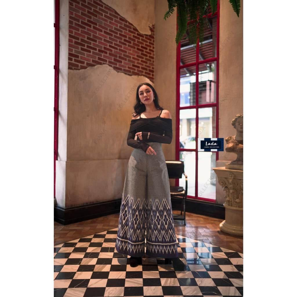 New Banana Leaf Print Flared Cotton Pants in Gray & Navy Blue - High-Waisted Wide Leg Trousers for Women Sizes S–XL