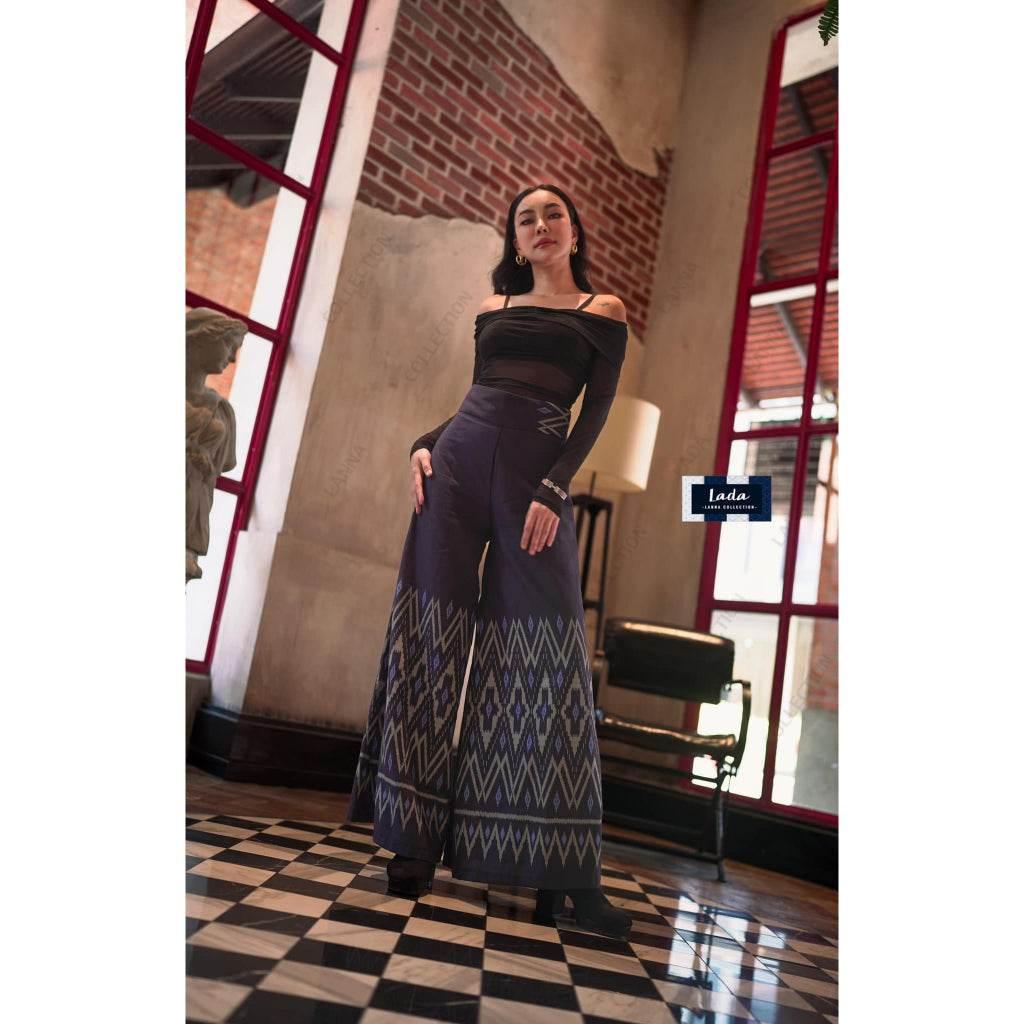 New Banana Leaf Print Flared Cotton Pants in Gray & Navy Blue - High-Waisted Wide Leg Trousers for Women Sizes S–XL