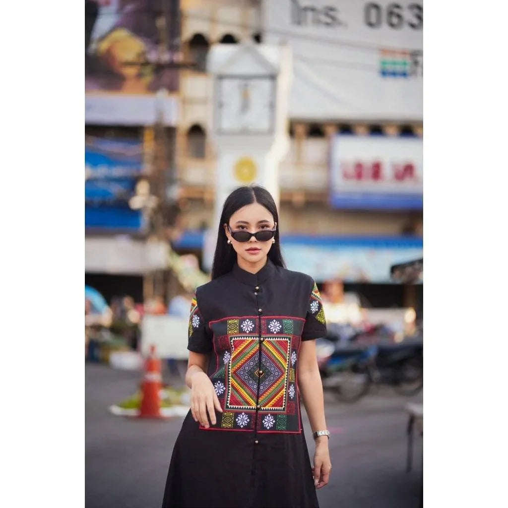 New Black Tai Dam Long Wrap Coat with Polyester Trim | Traditional Thai Cotton Women's Outfit in M & XL Sizes