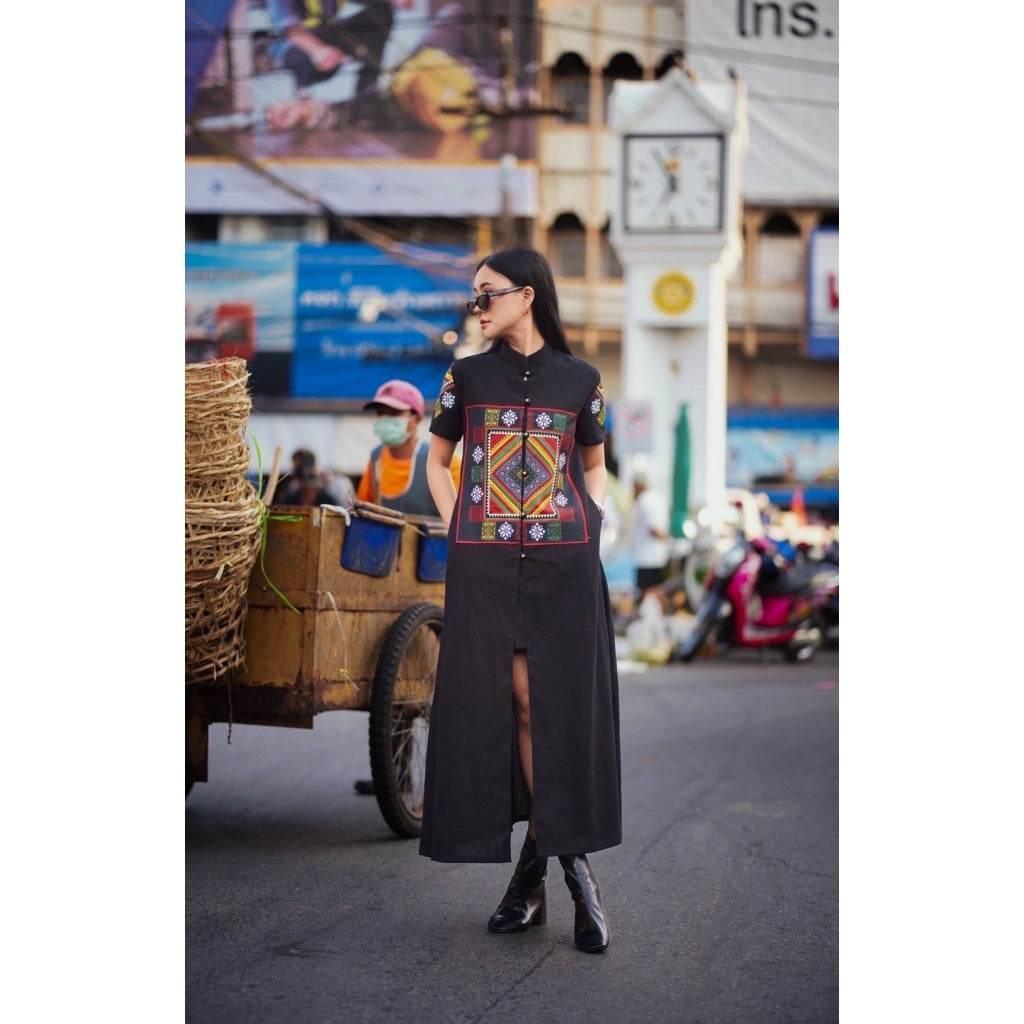 New Black Tai Dam Long Wrap Coat with Polyester Trim | Traditional Thai Cotton Women's Outfit in M & XL Sizes
