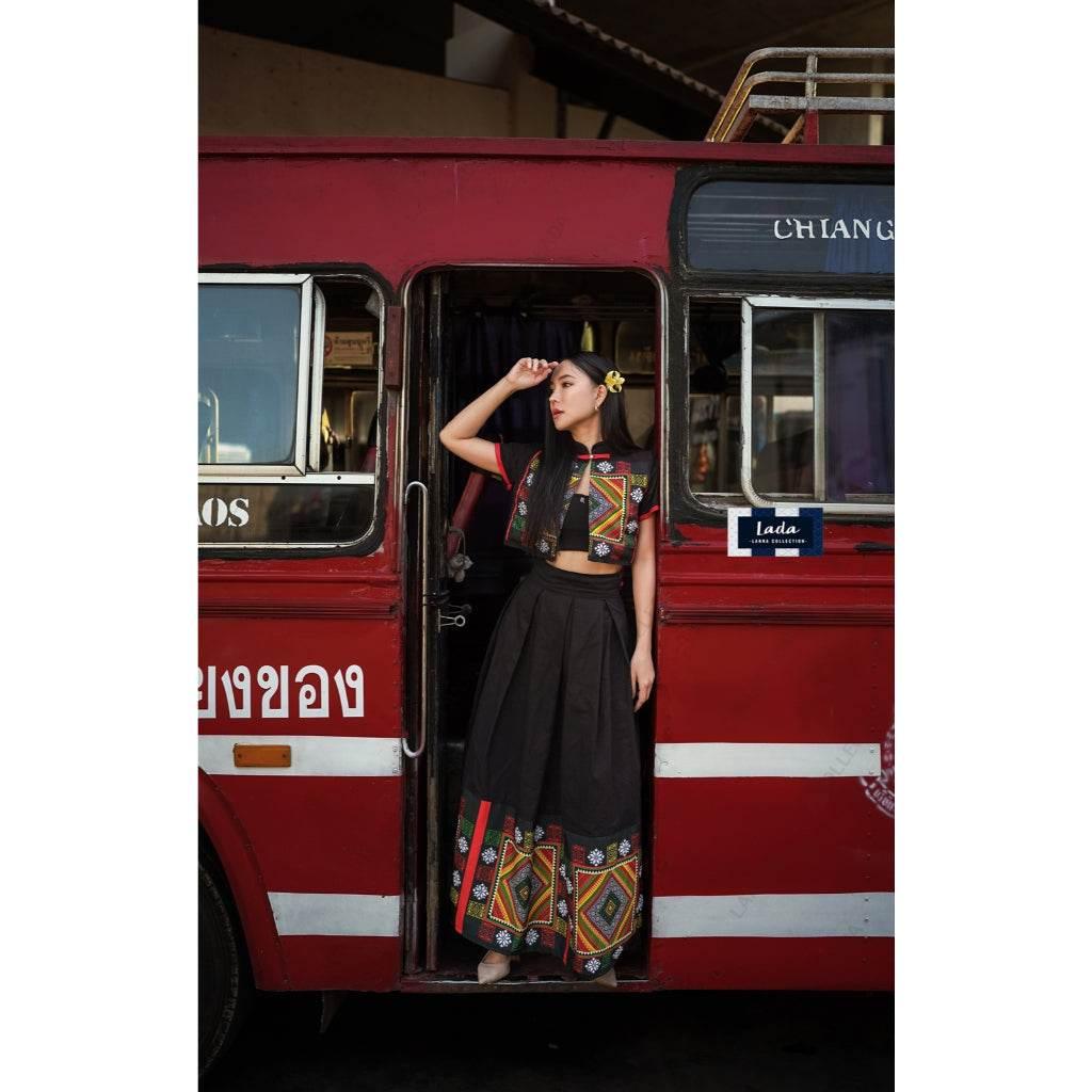 New Black Thai Pattern Cotton Set - Mandarin Collar Top & Skirt in Cream & Black | Women's Sizes S–XL