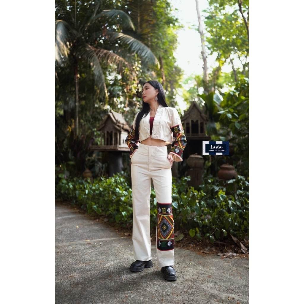 New Black Tie Print Poly Set - Stylish Wrap Top & Wide-Leg Pants in Cream & Black for Women's Daily Wear