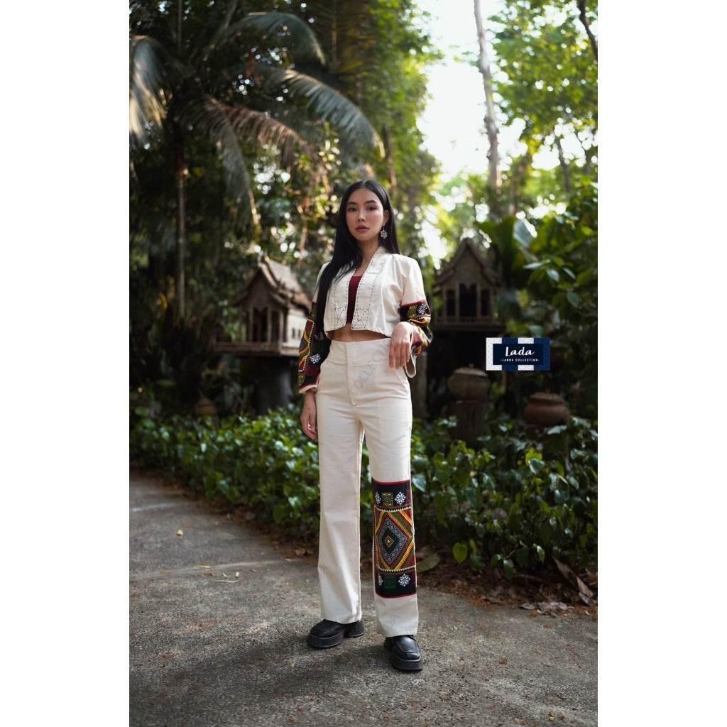 New Black Tie Print Poly Set - Stylish Wrap Top & Wide-Leg Pants in Cream & Black for Women's Daily Wear