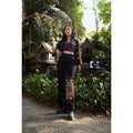 New Black Tie Print Poly Set - Stylish Wrap Top & Wide-Leg Pants in Cream & Black for Women's Daily Wear ดำ