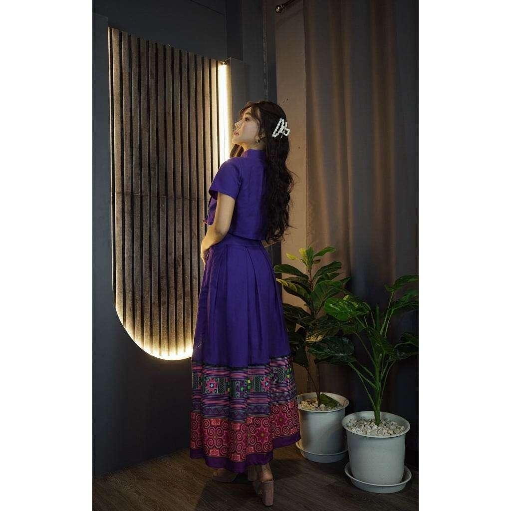 New Chinese Collar Top Skirt Set - Purple Cotton Modest Outfit for Women