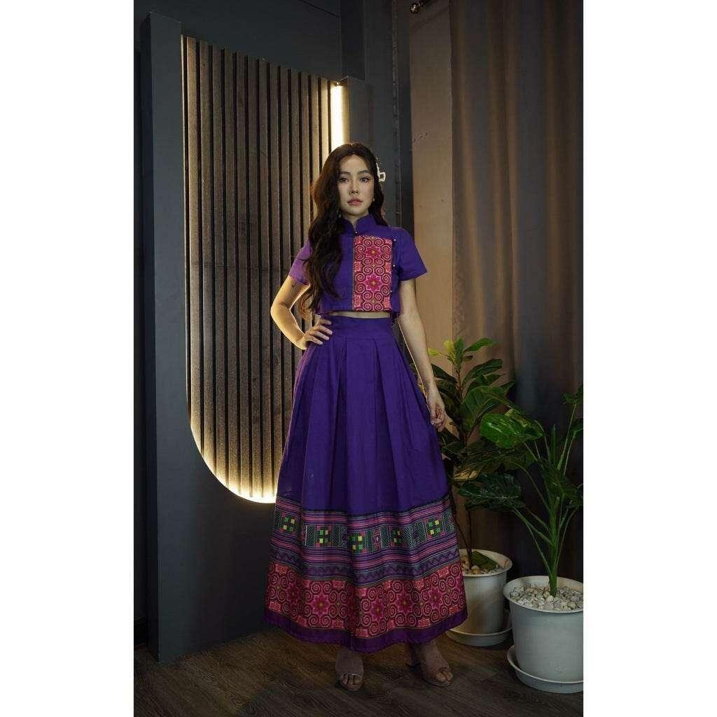 New Chinese Collar Top Skirt Set - Purple Cotton Modest Outfit for Women