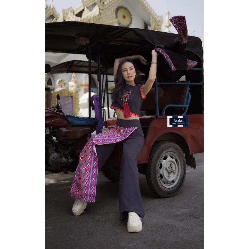 New Ethnic Embroidery Top and Pants Set - Cream & Black High-Waisted Cotton Outfit for Women