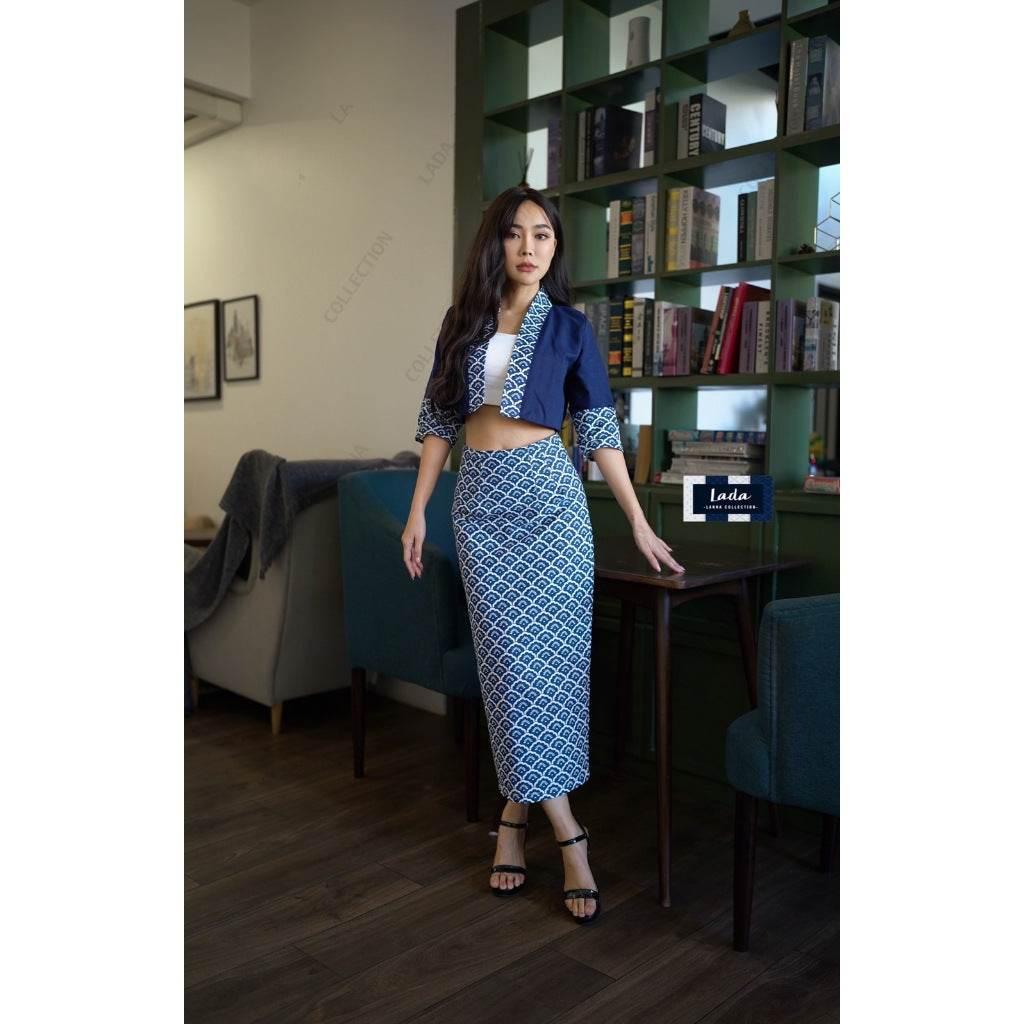New Fish Scale Print Cotton Set - 4-Panel Cape Sleeve Top & A-Line Skirt in Traditional Lanna Fabric | Women's Sizes S–XL