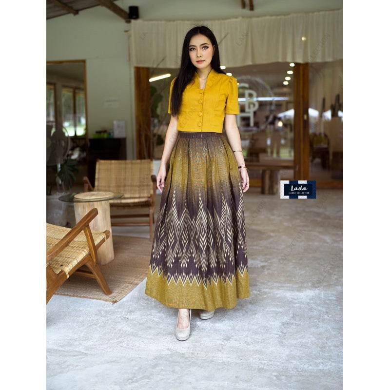 New Floral Pine Print Cotton Set - Classic Collar Short Sleeve Top & Pleated Skirt in Yellow Gold, Green-Blue & Purple