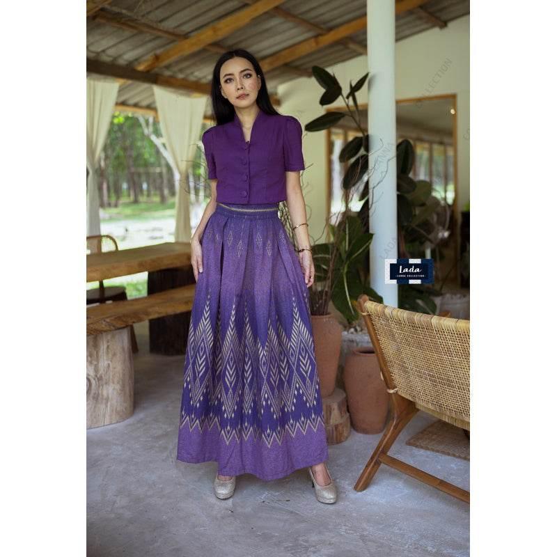 New Floral Pine Print Cotton Set - Classic Collar Short Sleeve Top & Pleated Skirt in Yellow Gold, Green-Blue & Purple ม่วง