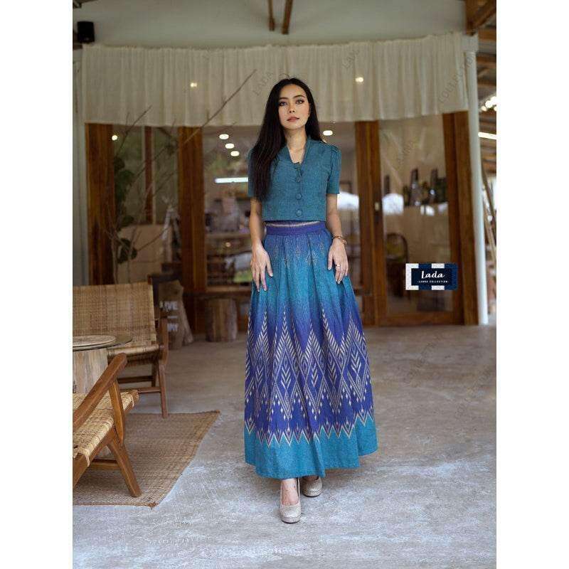 New Floral Pine Print Cotton Set - Classic Collar Short Sleeve Top & Pleated Skirt in Yellow Gold, Green-Blue & Purple