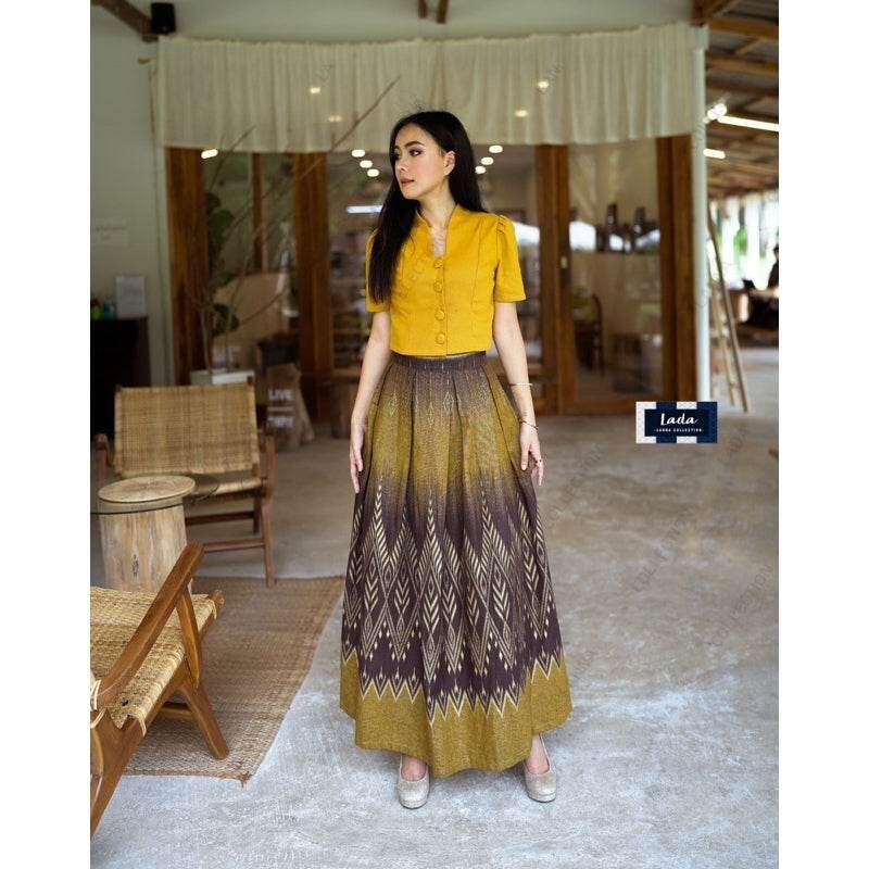 New Floral Pine Print Cotton Set - Classic Collar Short Sleeve Top & Pleated Skirt in Yellow Gold, Green-Blue & Purple