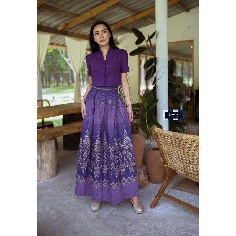 New Floral Pine Print Cotton Set - Classic Collar Short Sleeve Top & Pleated Skirt in Yellow Gold, Green-Blue & Purple