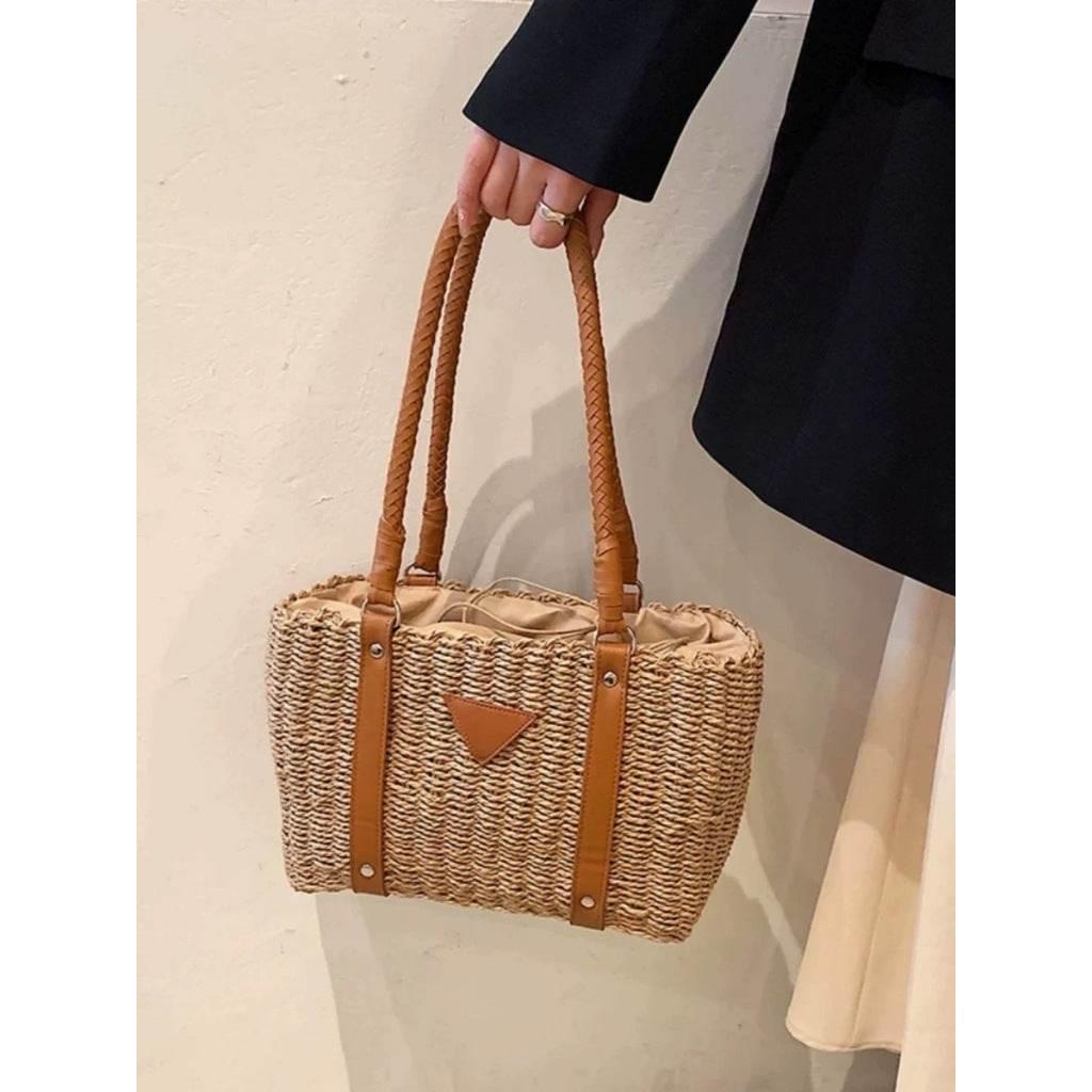 New French Style Handwoven Shoulder Bag - Cotton Rope, Zip Closure, 22x28cm, 56cm Strap for Women