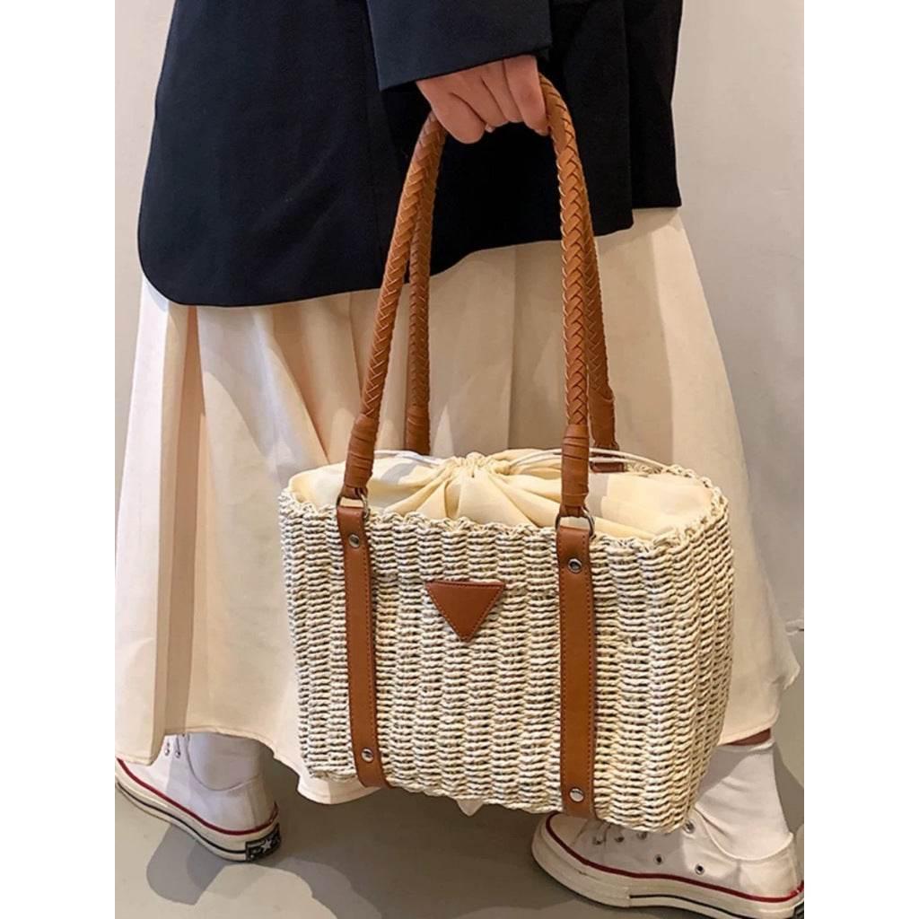 New French Style Handwoven Shoulder Bag - Cotton Rope, Zip Closure, 22x28cm, 56cm Strap for Women