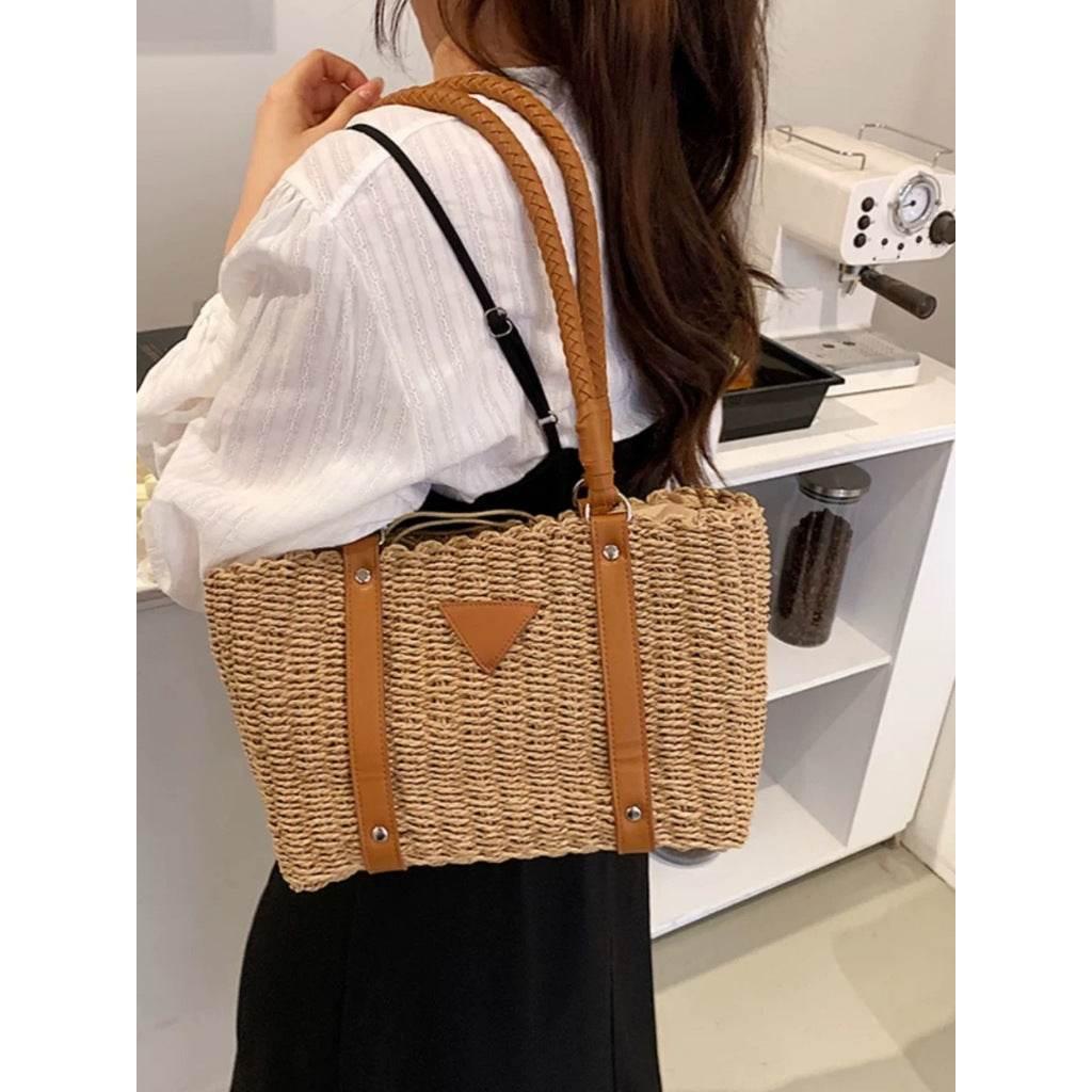 New French Style Handwoven Shoulder Bag - Cotton Rope, Zip Closure, 22x28cm, 56cm Strap for Women