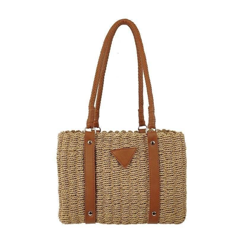 New French Style Handwoven Shoulder Bag - Cotton Rope, Zip Closure, 22x28cm, 56cm Strap for Women khaki