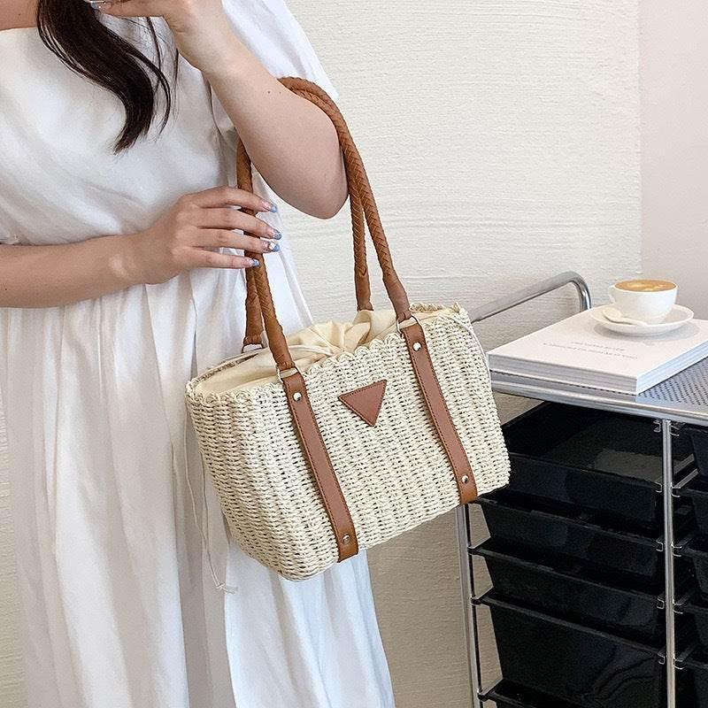 New French Style Handwoven Shoulder Bag - Cotton Rope, Zip Closure, 22x28cm, 56cm Strap for Women