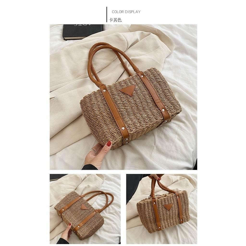 New French Style Handwoven Shoulder Bag - Cotton Rope, Zip Closure, 22x28cm, 56cm Strap for Women