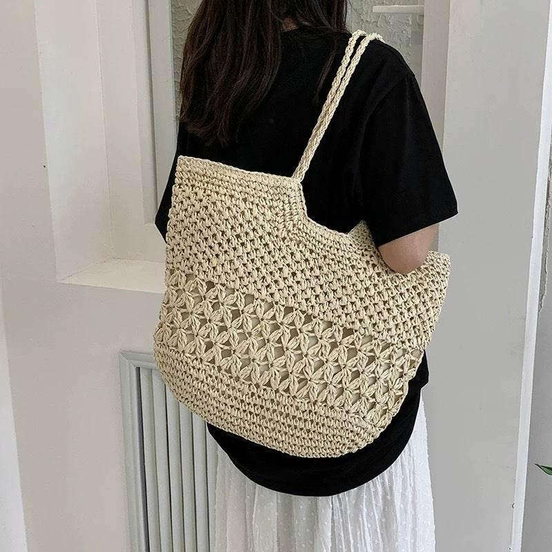 New Handwoven Cotton Rope Bag - Large 35x46cm Shoulder Tote for Women | Natural Material & 2 Color Choices white off