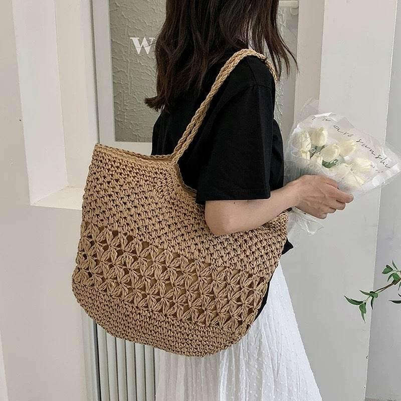 New Handwoven Cotton Rope Bag - Large 35x46cm Shoulder Tote for Women | Natural Material & 2 Color Choices khaki