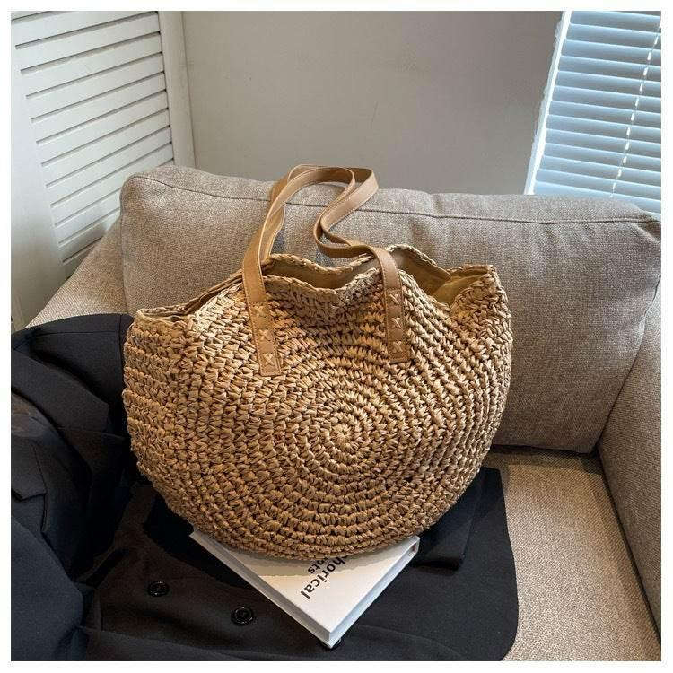 New Handwoven Round Tote Bag with Leather Strap – 44cm Cotton Rope Bag for Women | Unique Crochet Design & Natural Texture