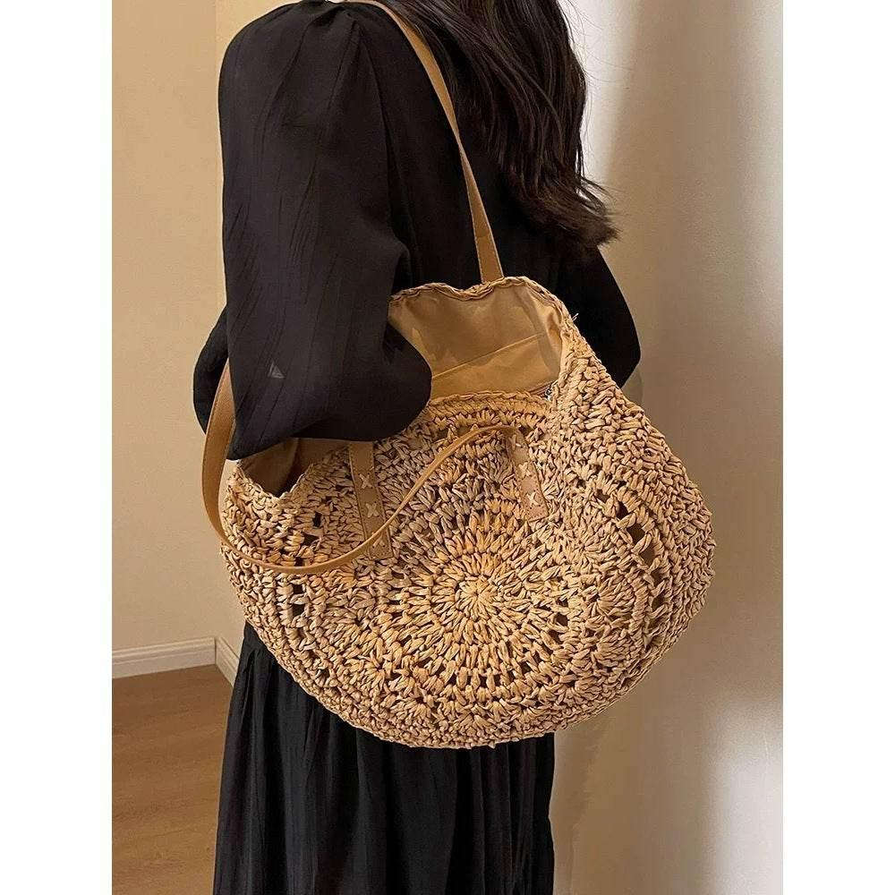 New Handwoven Round Tote Bag with Leather Strap – 44cm Cotton Rope Bag for Women | Unique Crochet Design & Natural Texture