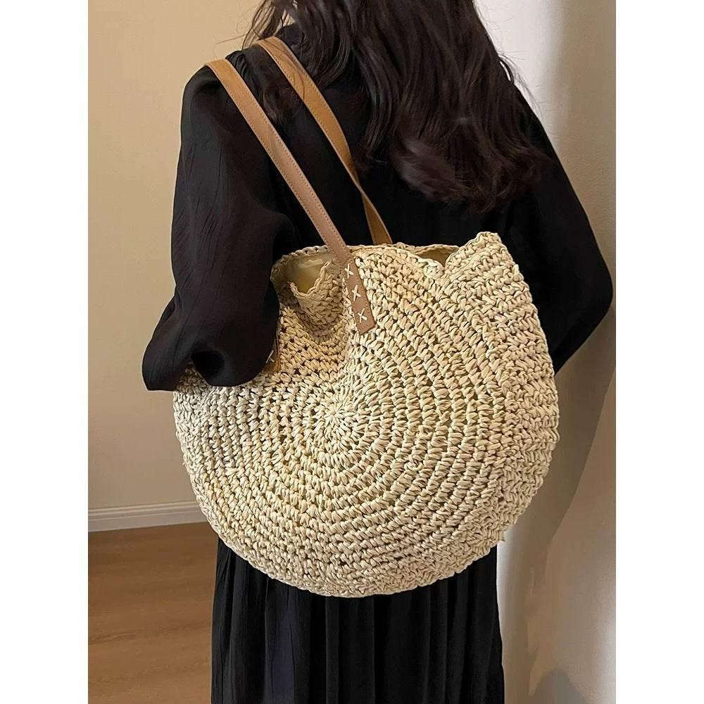 New Handwoven Round Tote Bag with Leather Strap – 44cm Cotton Rope Bag for Women | Unique Crochet Design & Natural Texture