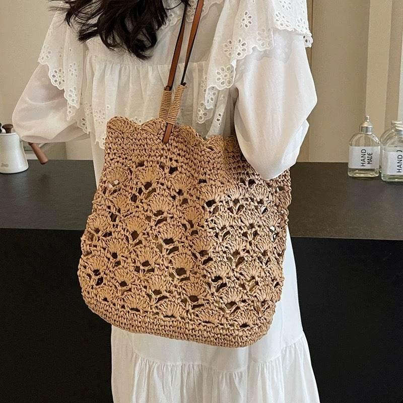 New Handwoven Women’s Shoulder Bag with Leather Strap - 33cm Wide Cotton Rope Tote for Daily Use
