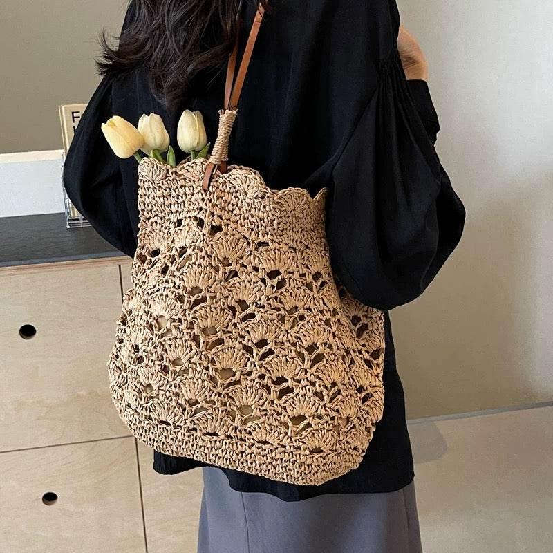 New Handwoven Women’s Shoulder Bag with Leather Strap - 33cm Wide Cotton Rope Tote for Daily Use