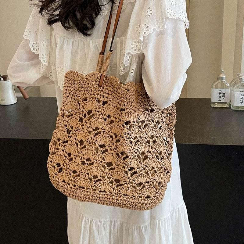 New Handwoven Women’s Shoulder Bag with Leather Strap - 33cm Wide Cotton Rope Tote for Daily Use