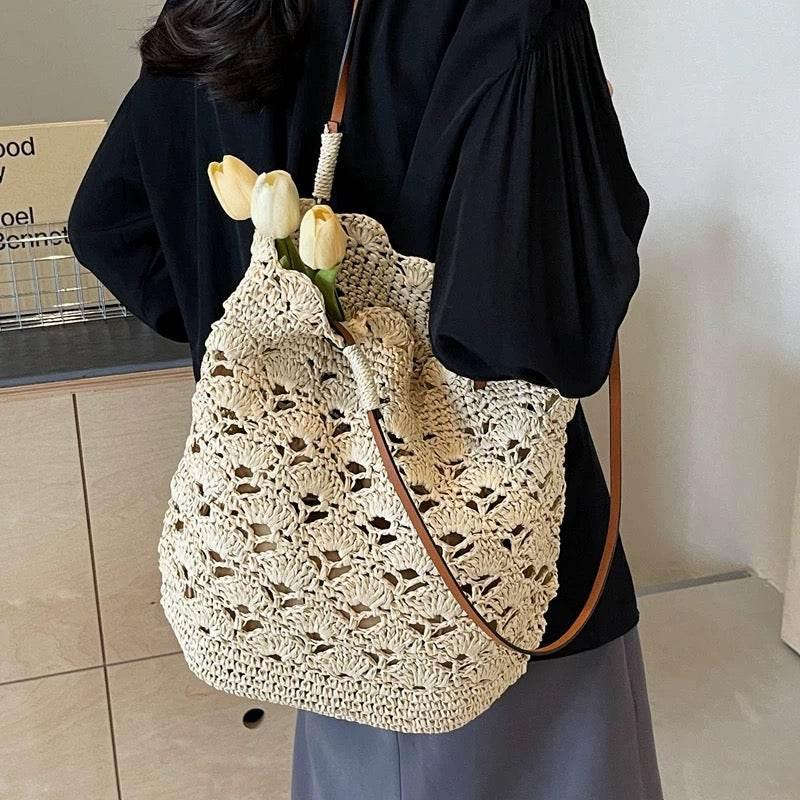 New Handwoven Women’s Shoulder Bag with Leather Strap - 33cm Wide Cotton Rope Tote for Daily Use