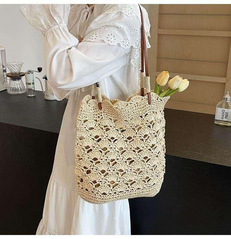 New Handwoven Women’s Shoulder Bag with Leather Strap - 33cm Wide Cotton Rope Tote for Daily Use